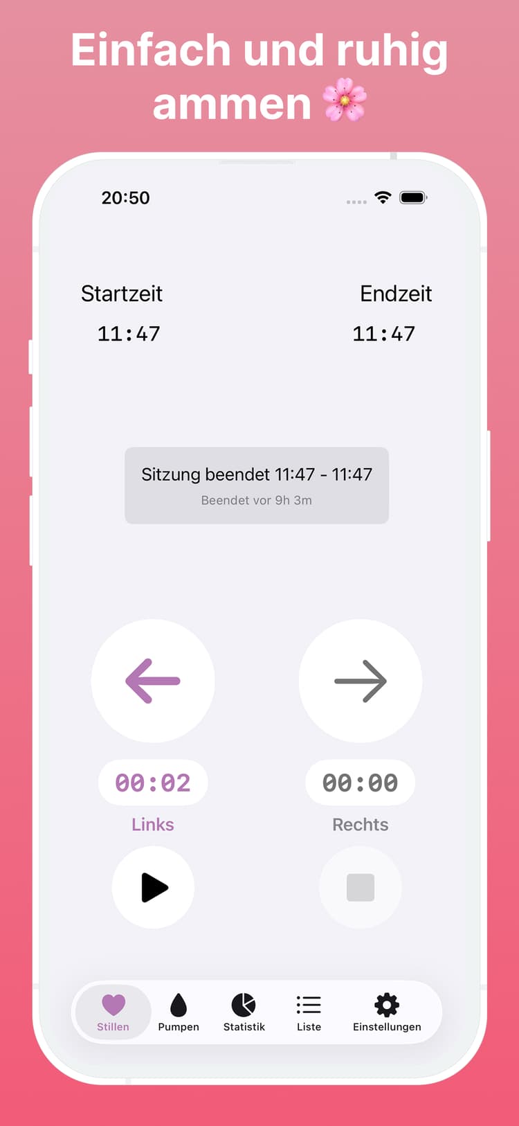 Amme Stillzeit-Timer Benutzeroberfläche zeigt einfaches Ein-Klick-Protokollieren