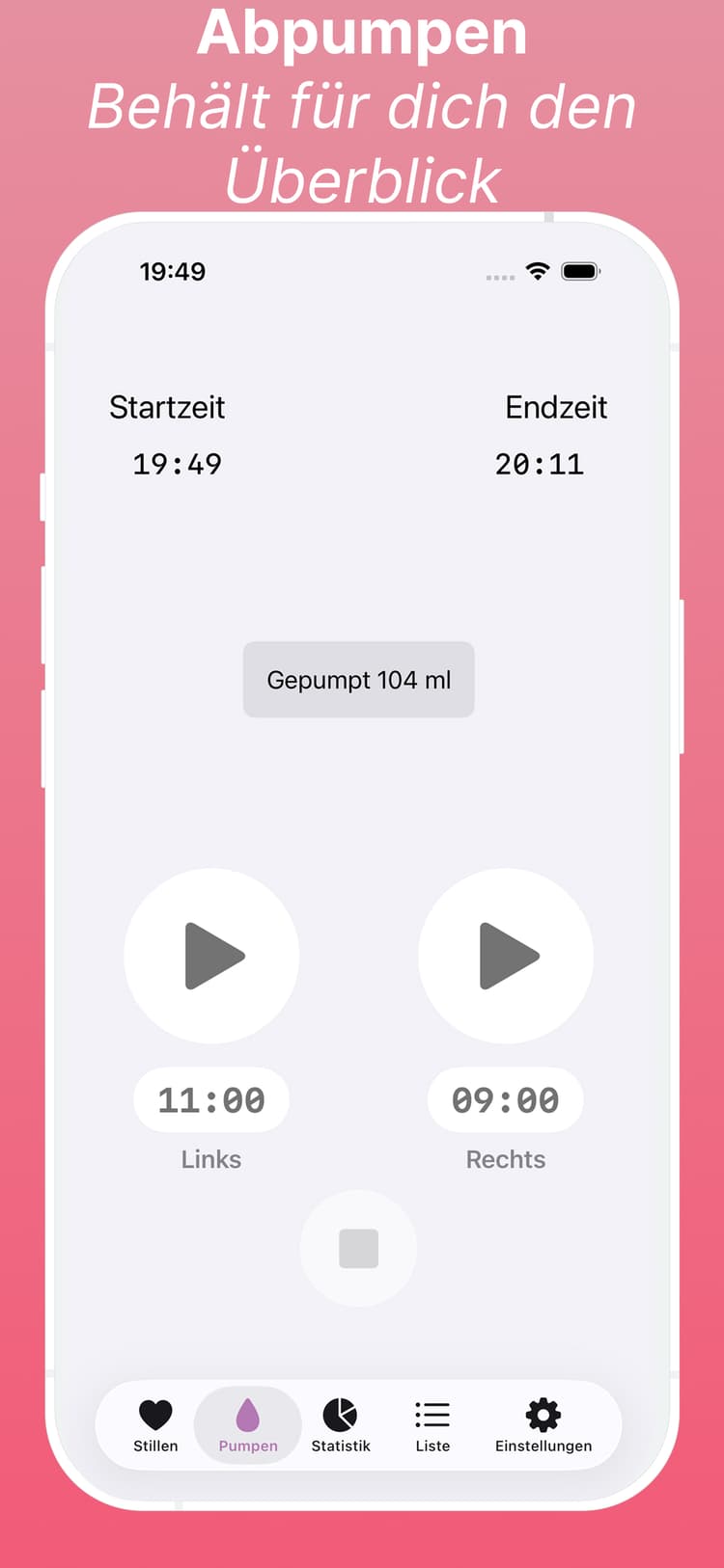 Pump-Tracker zeigt Volumen und Sitzungsprotokolle