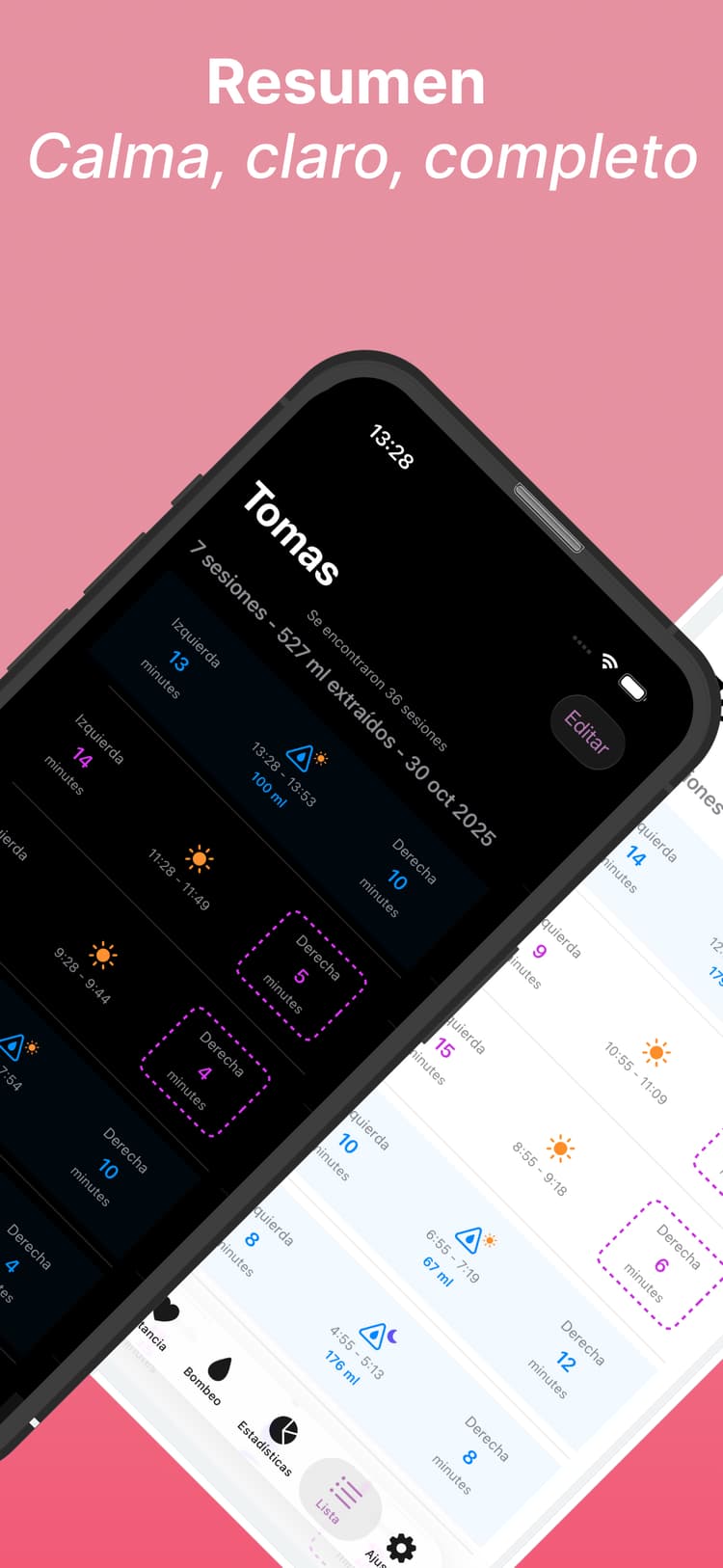 Widgets en vivo de Amme mostrando datos de lactancia en la pantalla de inicio del iPhone