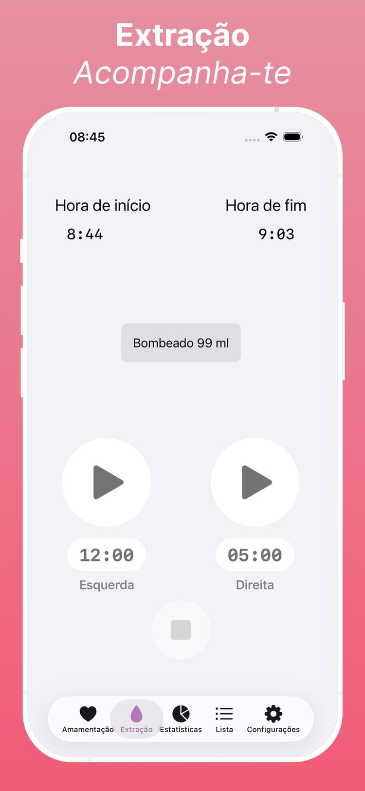 Rastreador de bombeamento mostrando volume e registros de sessões