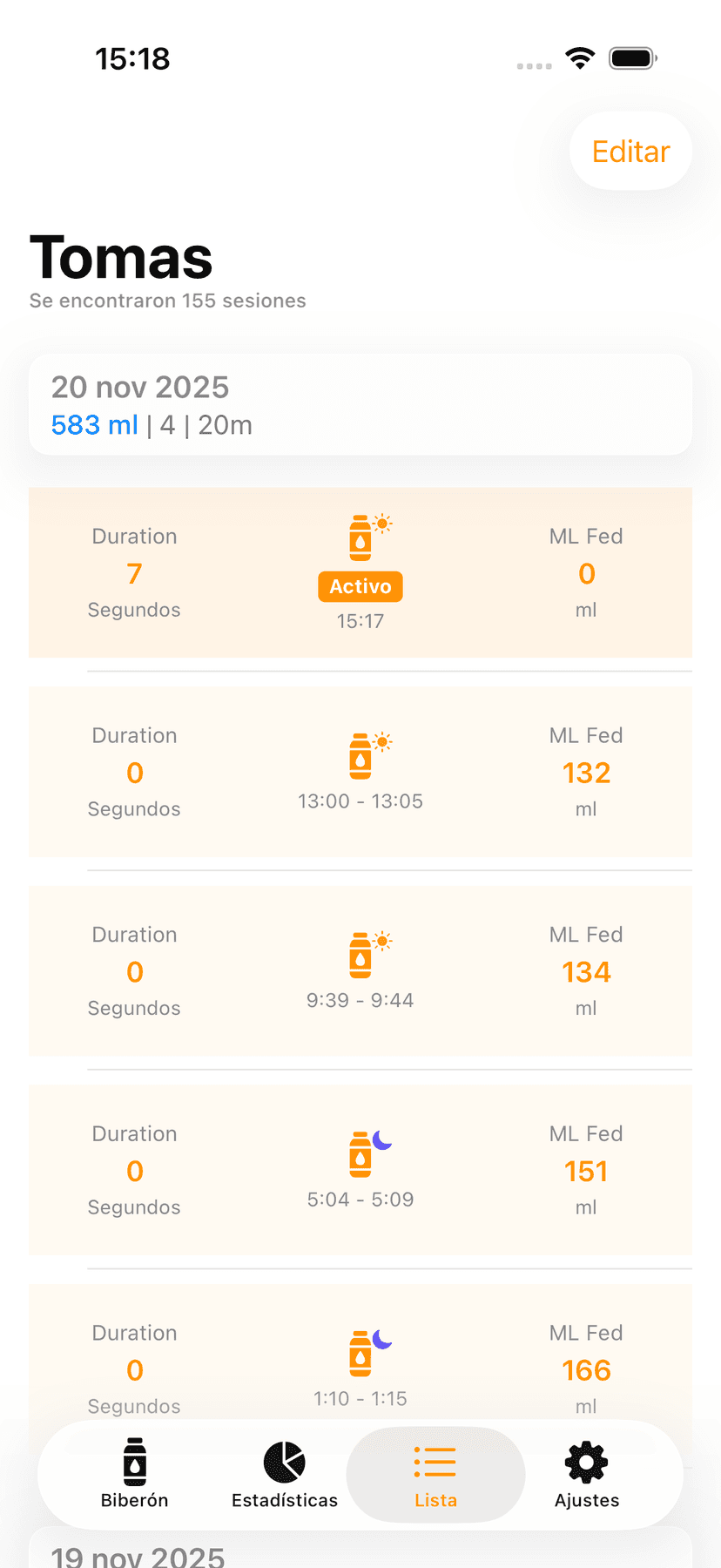 Feeding history list