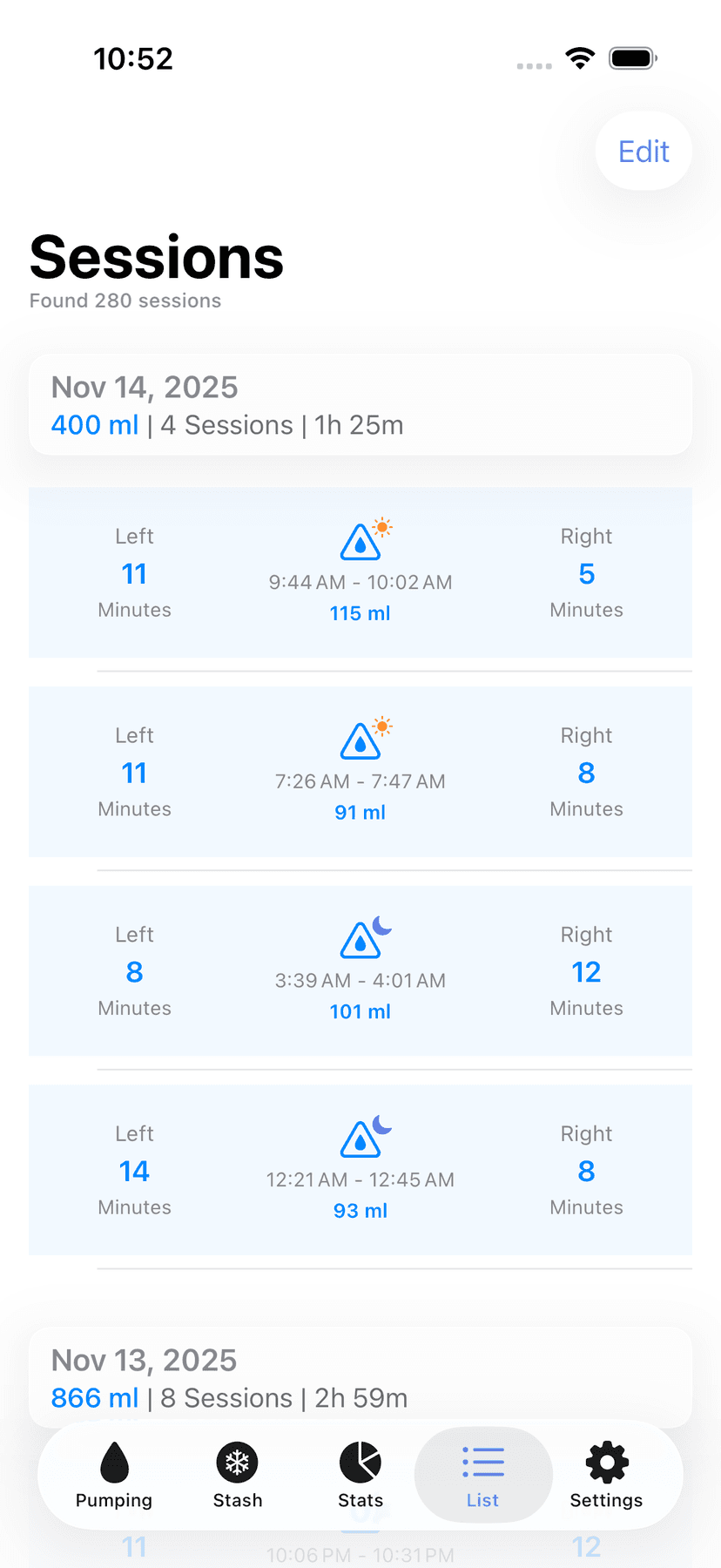 Session history list