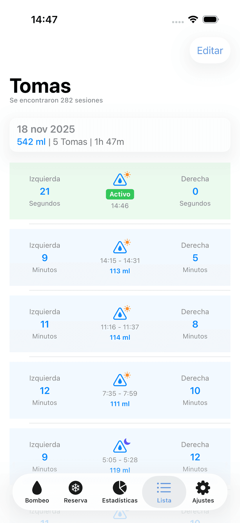 Session history list