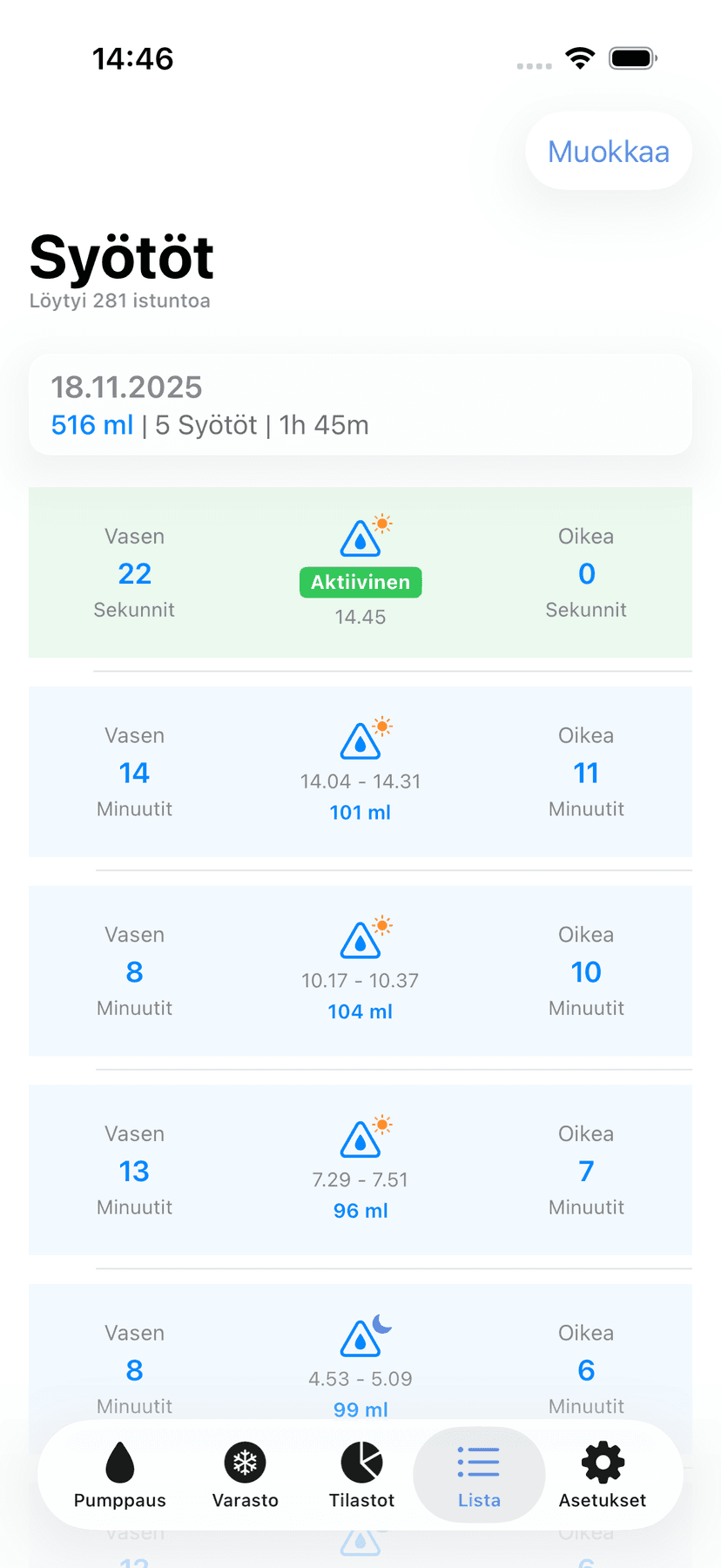Session history list