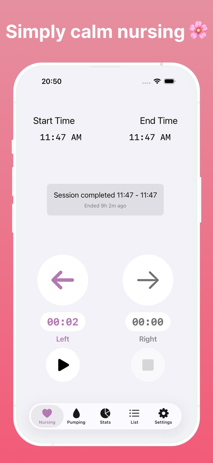 Amme breastfeeding timer interface showing simple one-tap logging