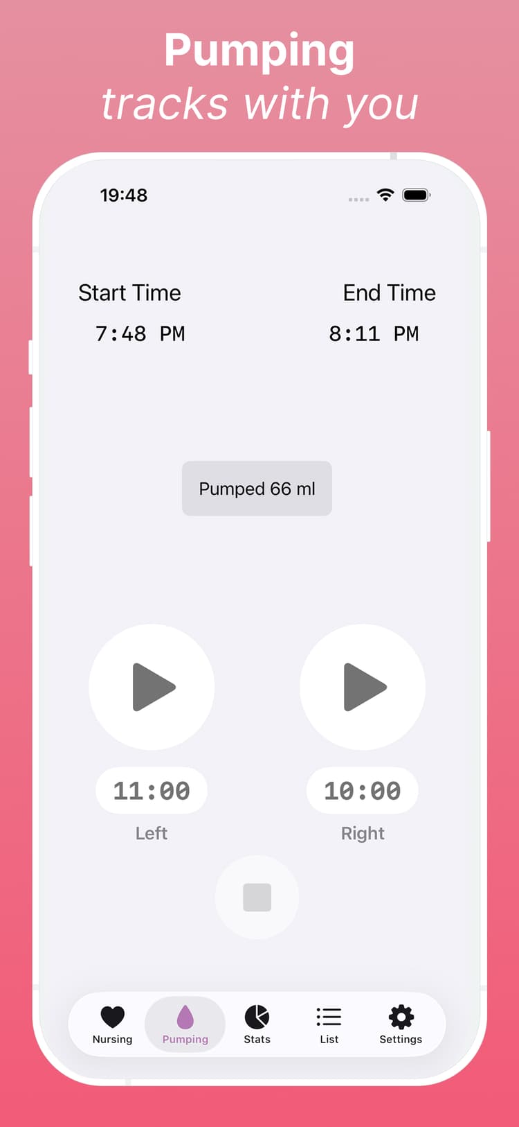 Pumping tracker showing volume and session logs