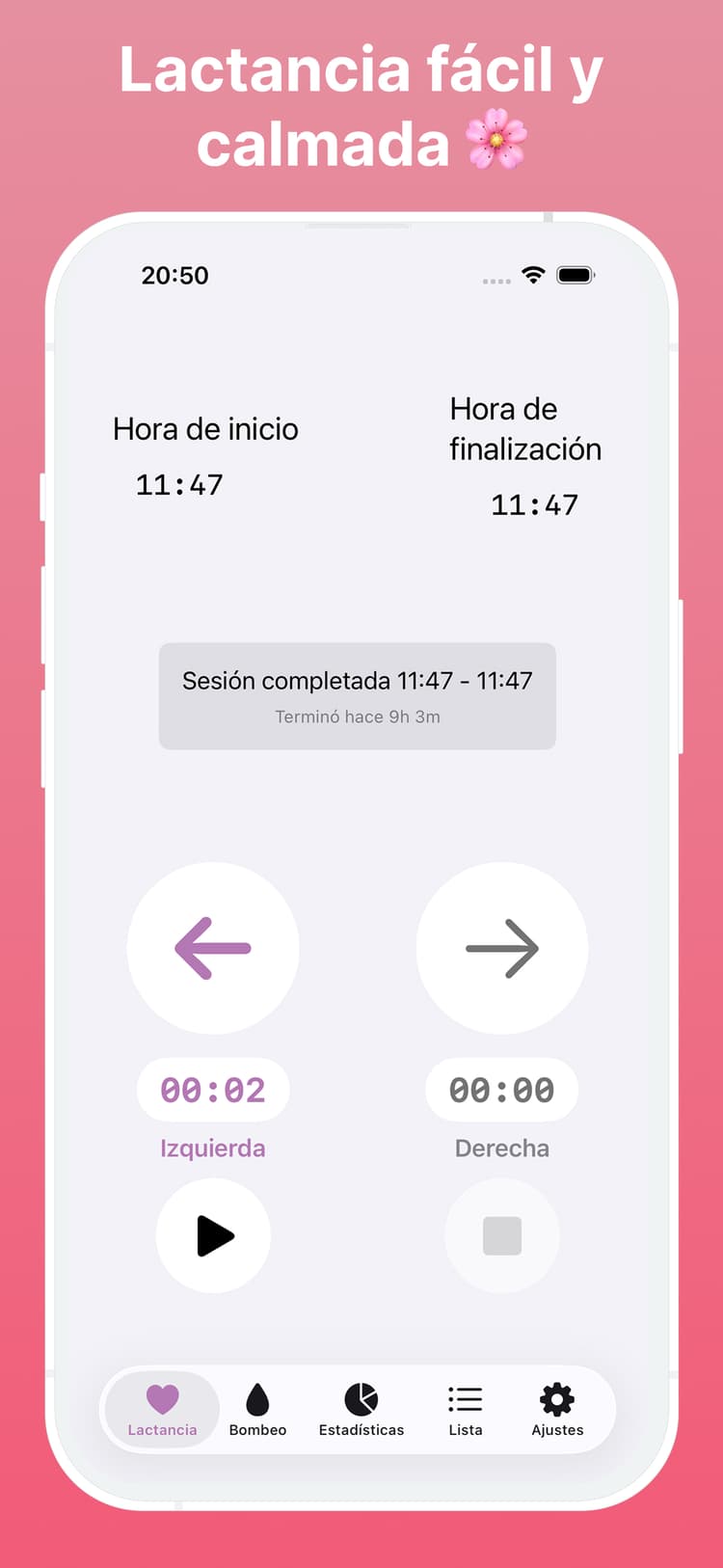 Interfaz del temporizador de lactancia Amme mostrando registro simple de un toque