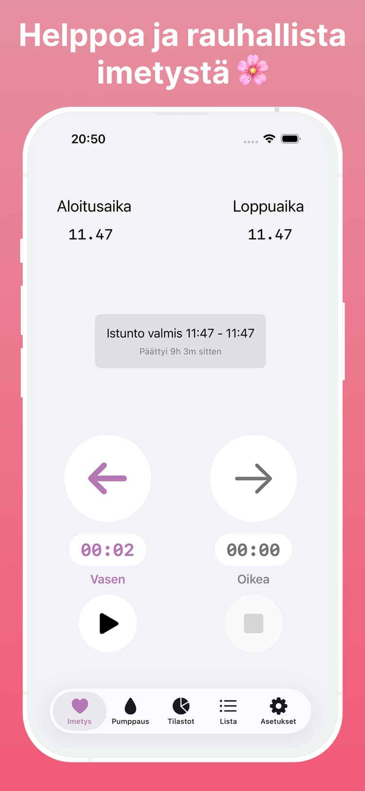 Amme imetysajastimen käyttöliittymä näyttää yksinkertaista yhden napautuksen kirjaamista