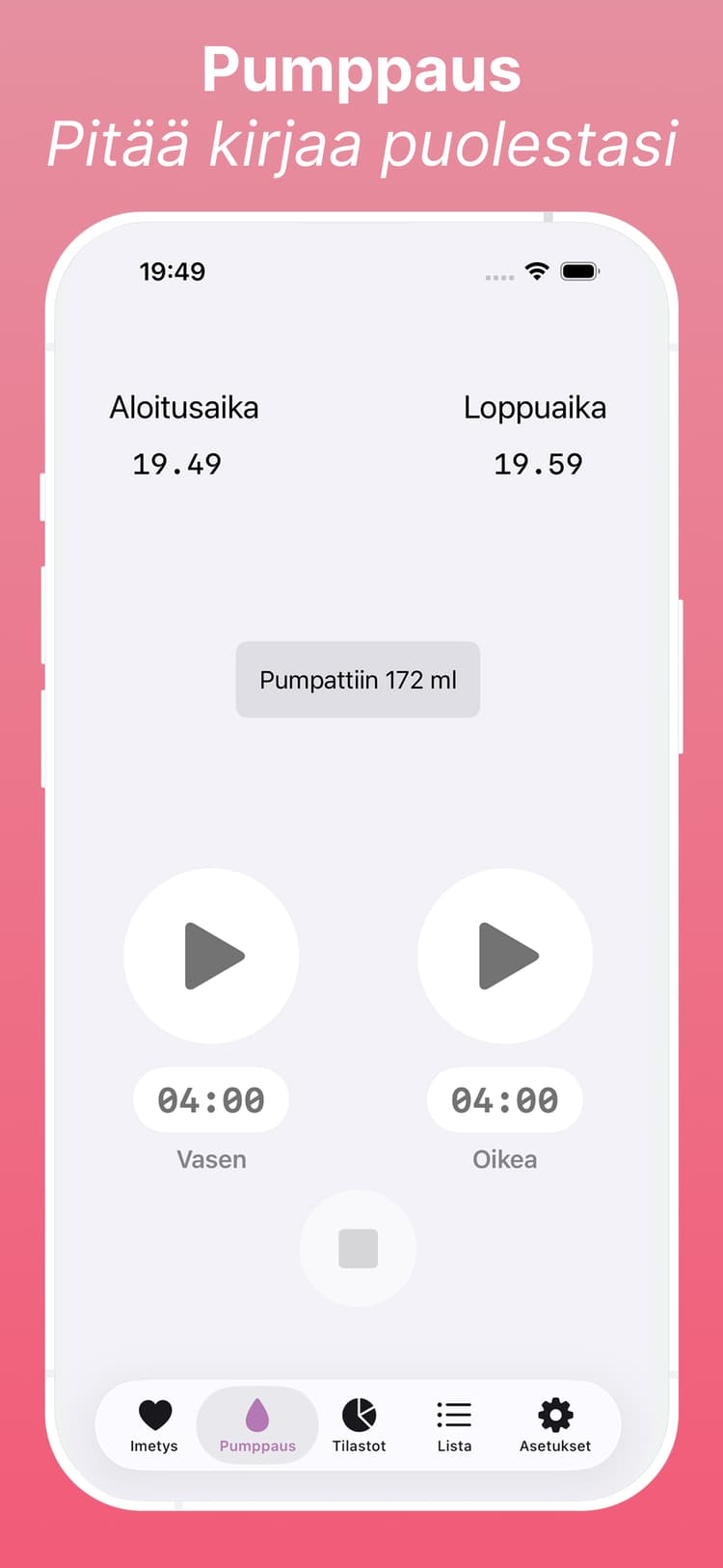 Pumppausseuranta näyttää määrän ja istuntologit