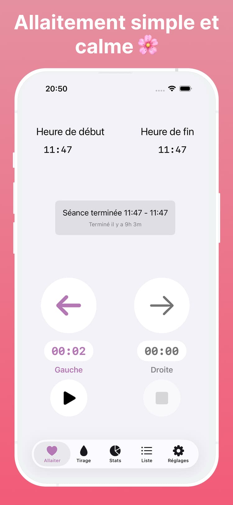Interface du minuteur d'allaitement Amme montrant l'enregistrement simple à un clic