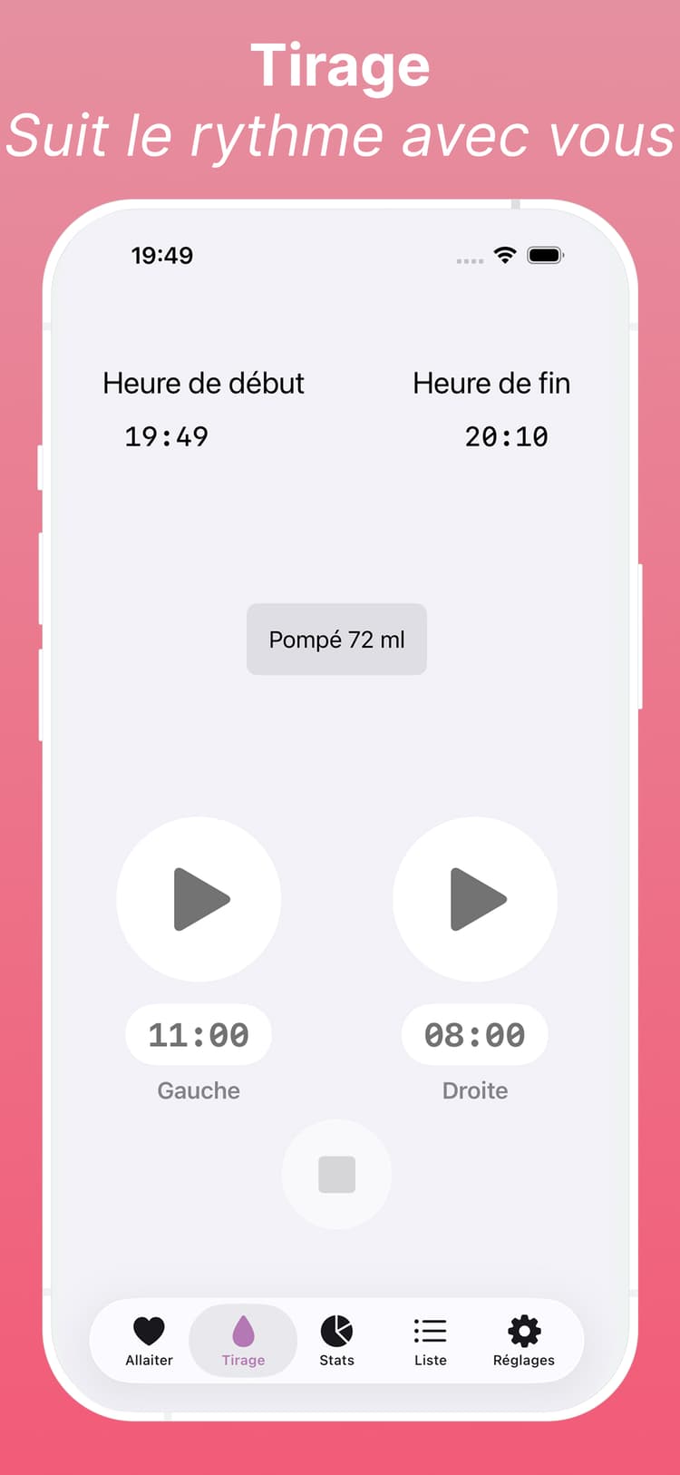 Tracker tire-lait montrant volume et journaux de sessions