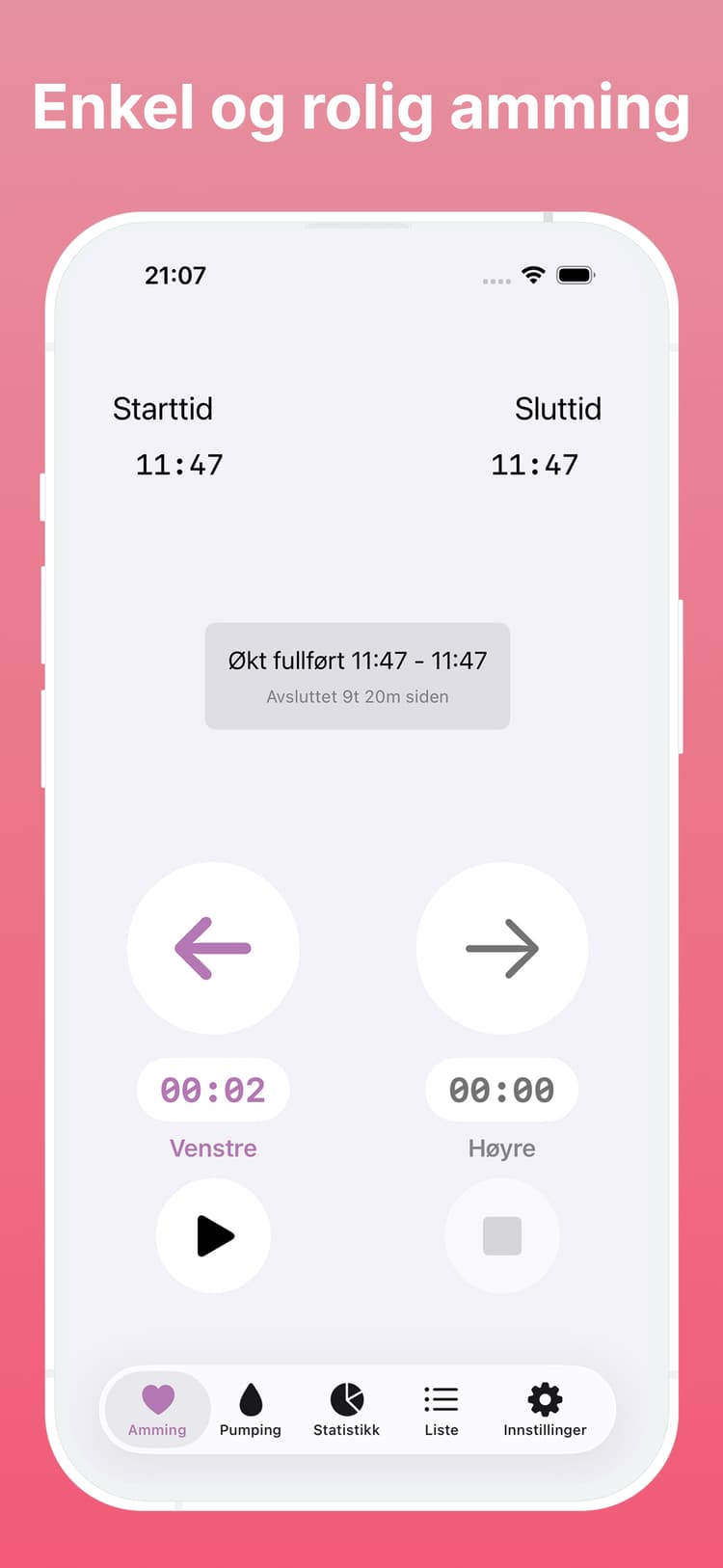 Amme ammetimer grensesnitt som viser enkel ett-trykk logging