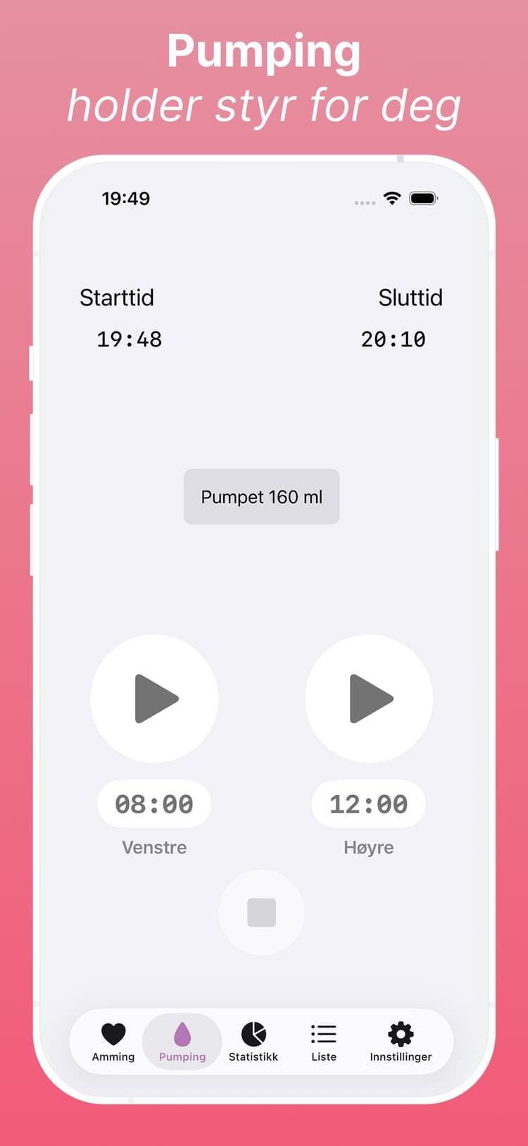 Pumpesporing som viser volum og øktlogger