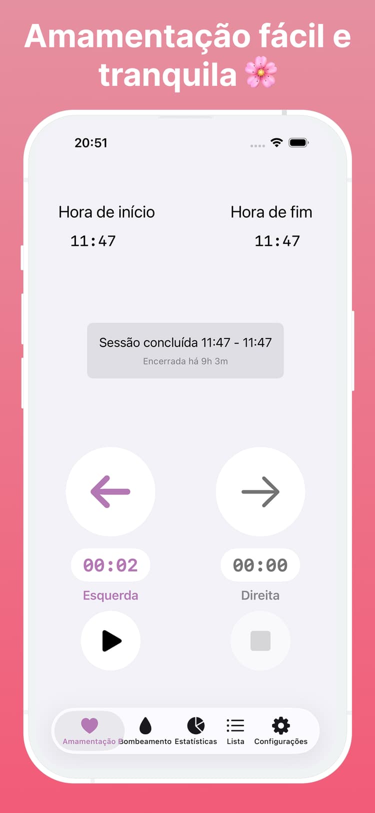Interface do cronômetro de amamentação Amme mostrando registro simples de um toque