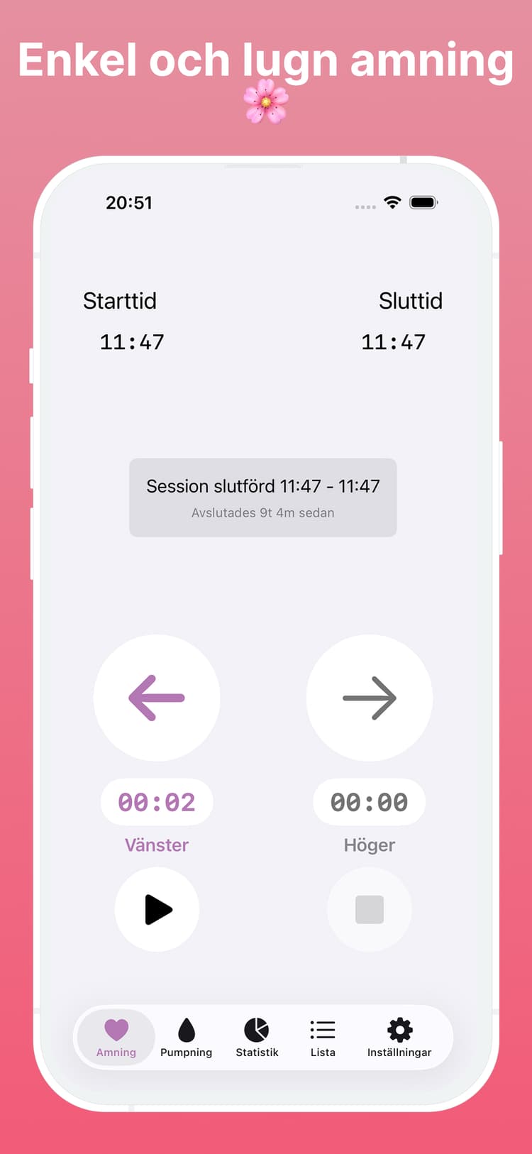 Amme ammningstimer gränssnitt som visar enkel ett-tryck loggning