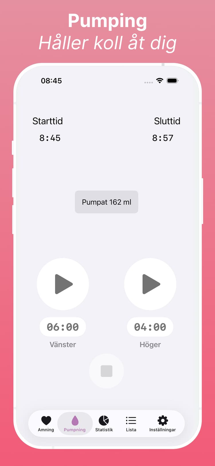 Pumpspårning som visar volym och sessionsloggar