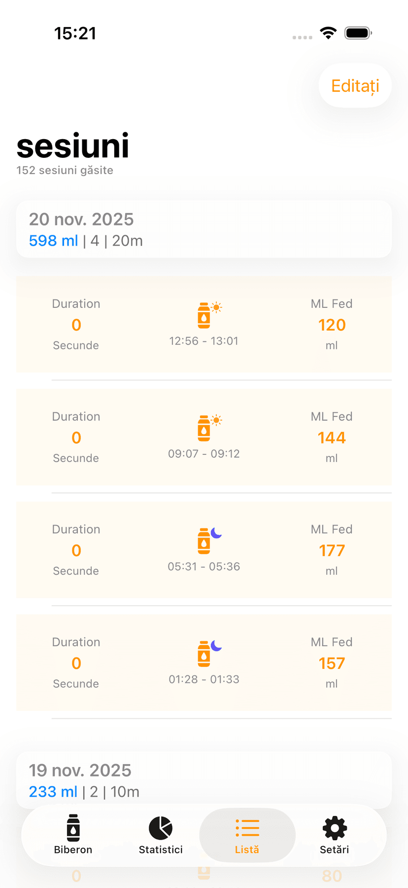 Feeding history list