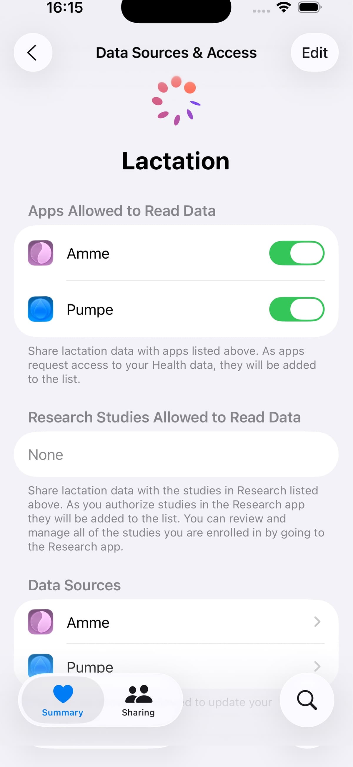 Apple Health lactation data screenshot