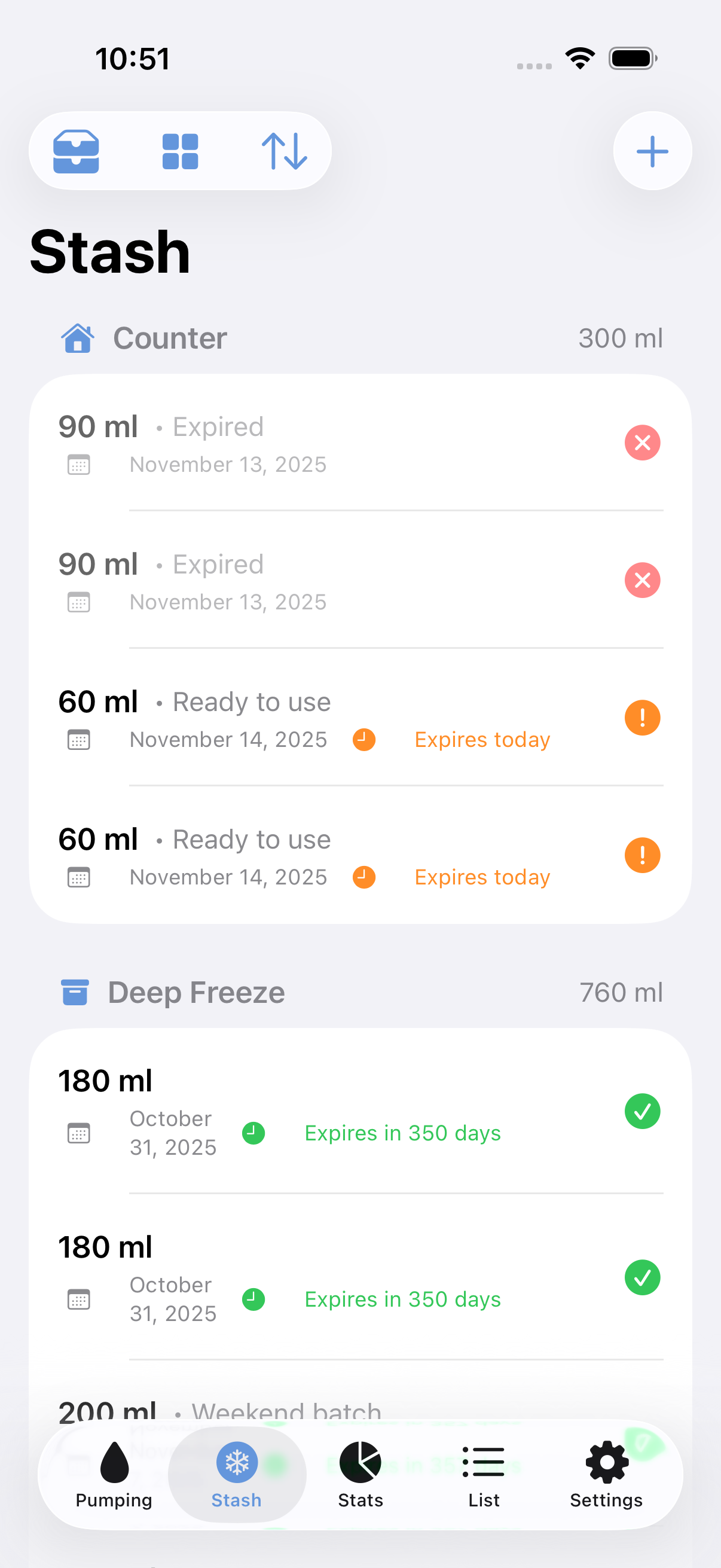 Pumpe app milk stash screenshot
