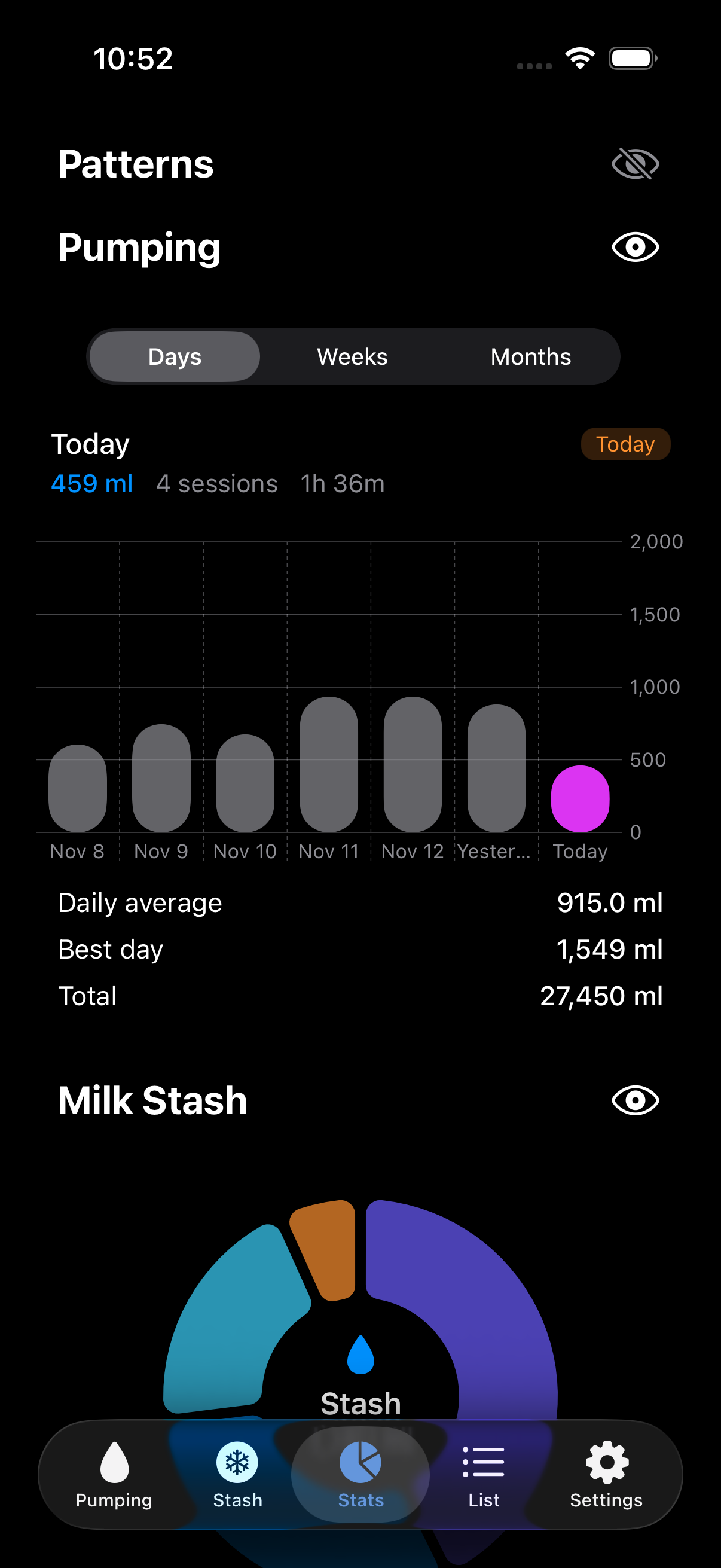 Pumpe app stats dark mode